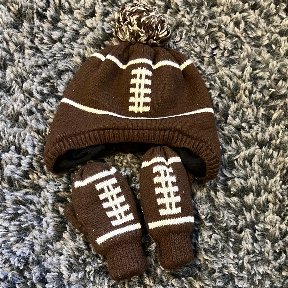 Brown Football Knit Hat and Mittens Set
